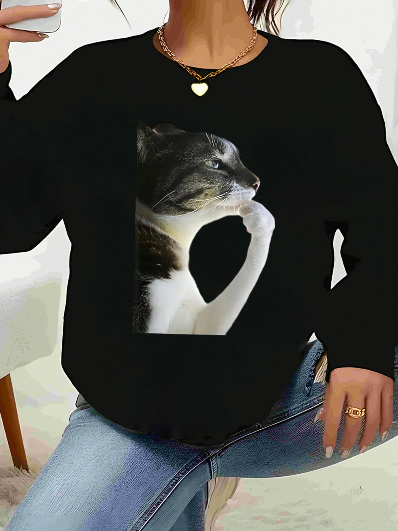 سويت شيرت مطبوع عليه قطة للهالوين ملابس غير رسمية على الموضة النسائية