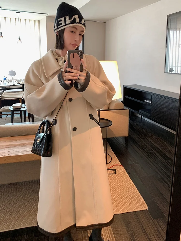 

Шерстяное двустороннее твидовое пальто 3C с отстегивающимся меховым воротником, кожаными вставками и дизайнерским цветовым блоком, корейский стиль