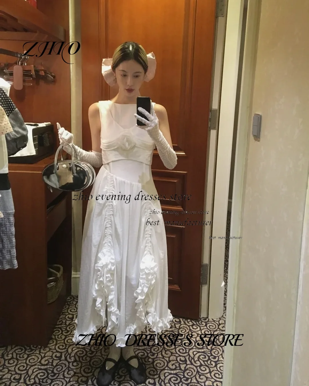 ZHIO Elegant White Ruffle Korean Wedding Dress Chiffon Round Neck Sleeveless Customized Trailing Length Fit Wedding Engagement