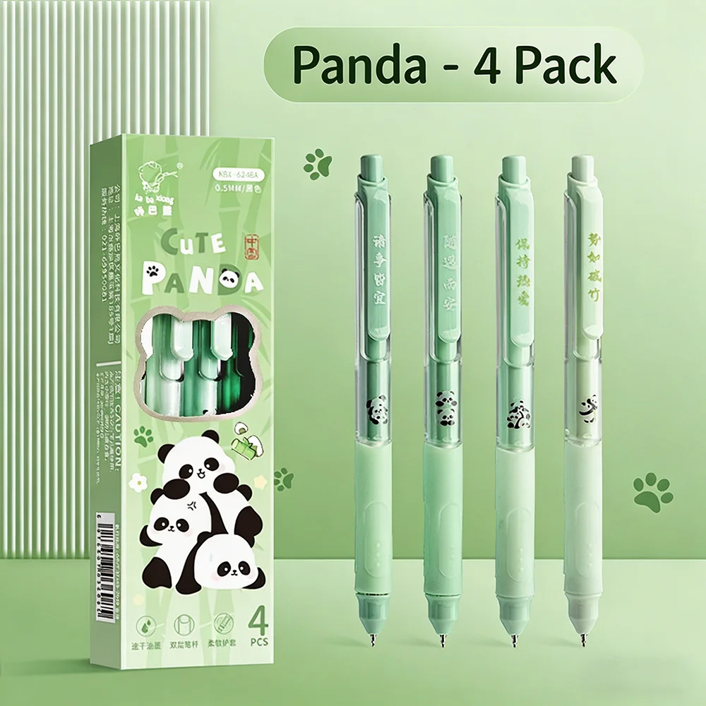 4Pcs Cute Panda Gel Pens, Mint Green, 0.5mm Black Ink, Quick Dry Click Pens for Students & Office