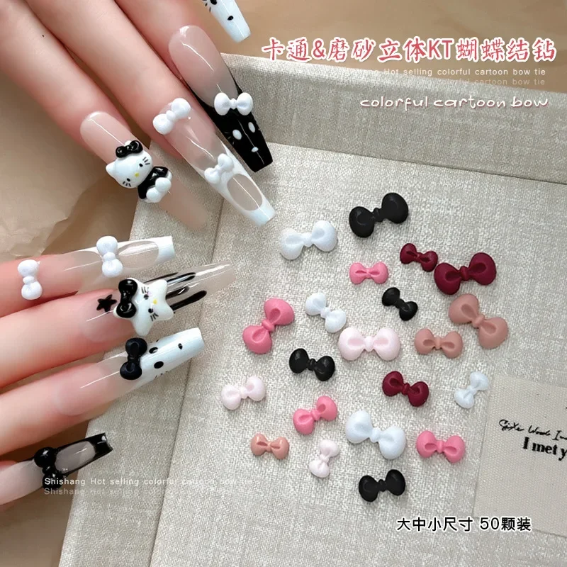 50pcs Cartoon Bow Nail Art Black White Burgundy Pink KT Bow Tie 3 Size Resin Nail Charms for Diy Manicure Accessories