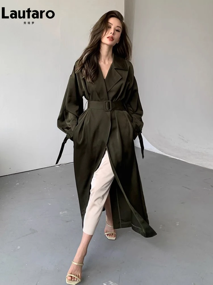 Lautaro Autumn Long Flowy Dark Green Trench Coat for Women Belt Single Breasted Luxury Designer Women Clothing 2023 New Arrivals