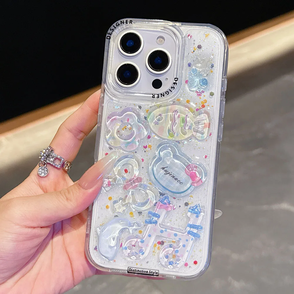Transparente 3d peixe notação musical para iphone 15 14 13 16 pro max 15 plus caso bonito cristal bling glitter claro capa protetora