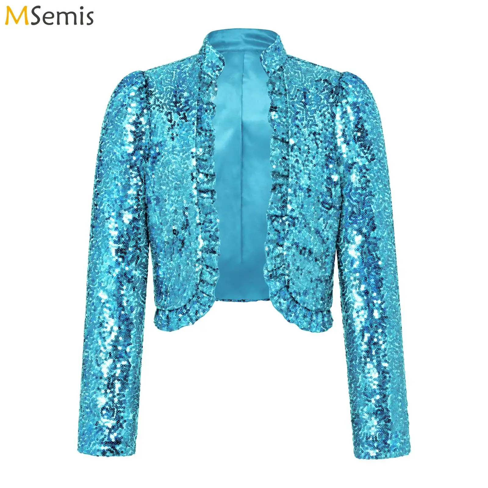Kids Girls Sparkly Sequin Jacket Stand Collar Long Sleeve Open Front Frilly Jacket Jazz Dance Party Stage Performance Costume