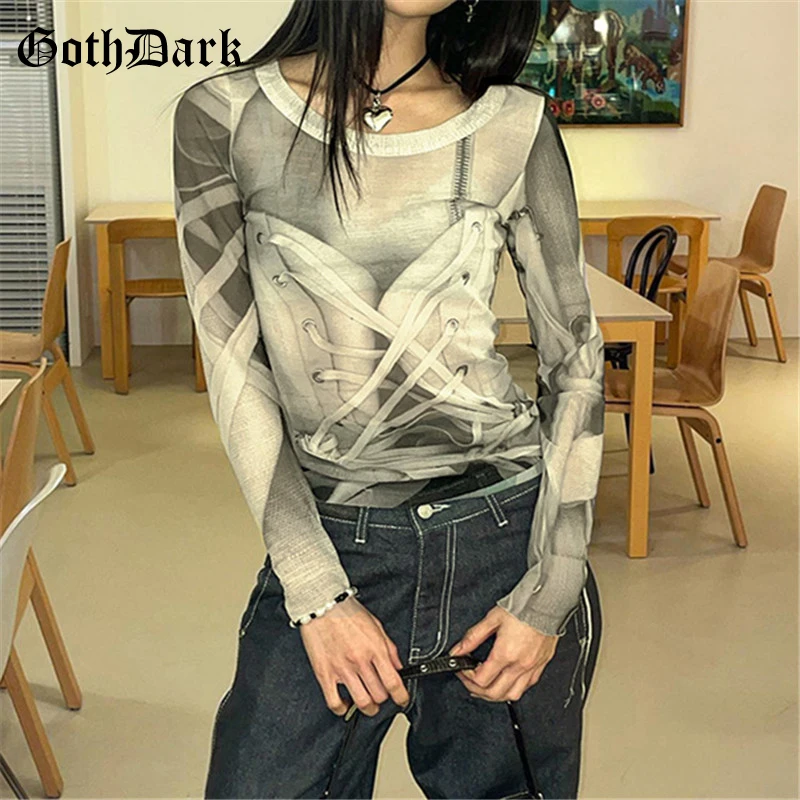 

Goth Dark Mesh Transparent Long Sleeve Round Neck T-shirts 90s Vintage Print Slim E-gilr Tops Cyber Y2K Sheer T-shirt Techwear