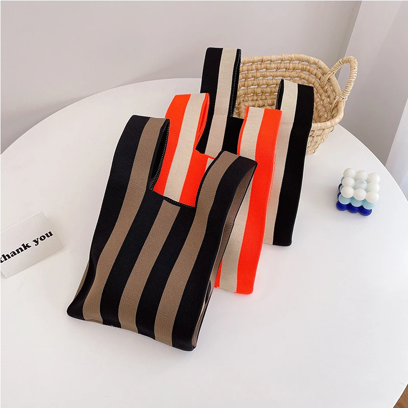 Stripes Texture Knitted Bags Eco-Friendly Recycle Shopping Bags Daily Necessities Bags Beach Tote Bags Can Be Customized