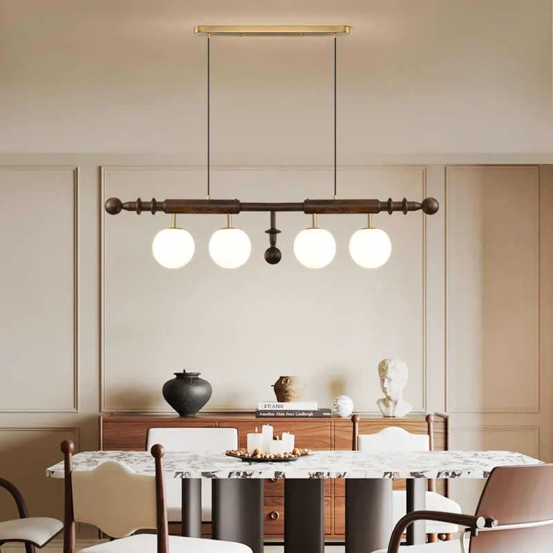 Antique Walnut Colored Restaurant Pendant Lamp Wabi Sabi Style Solid Wood Retro Dining Table Straight Strip Ceiling Lamp Fixture