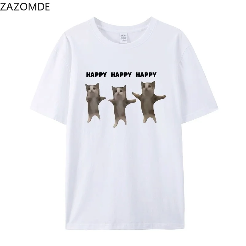 ZAZOMDE Unisex O Neck Short Sleeve T Shirt Funny Dancing Kitten Meme Graphic Tee Happy Letter Print Casual Loose Cotton Tops