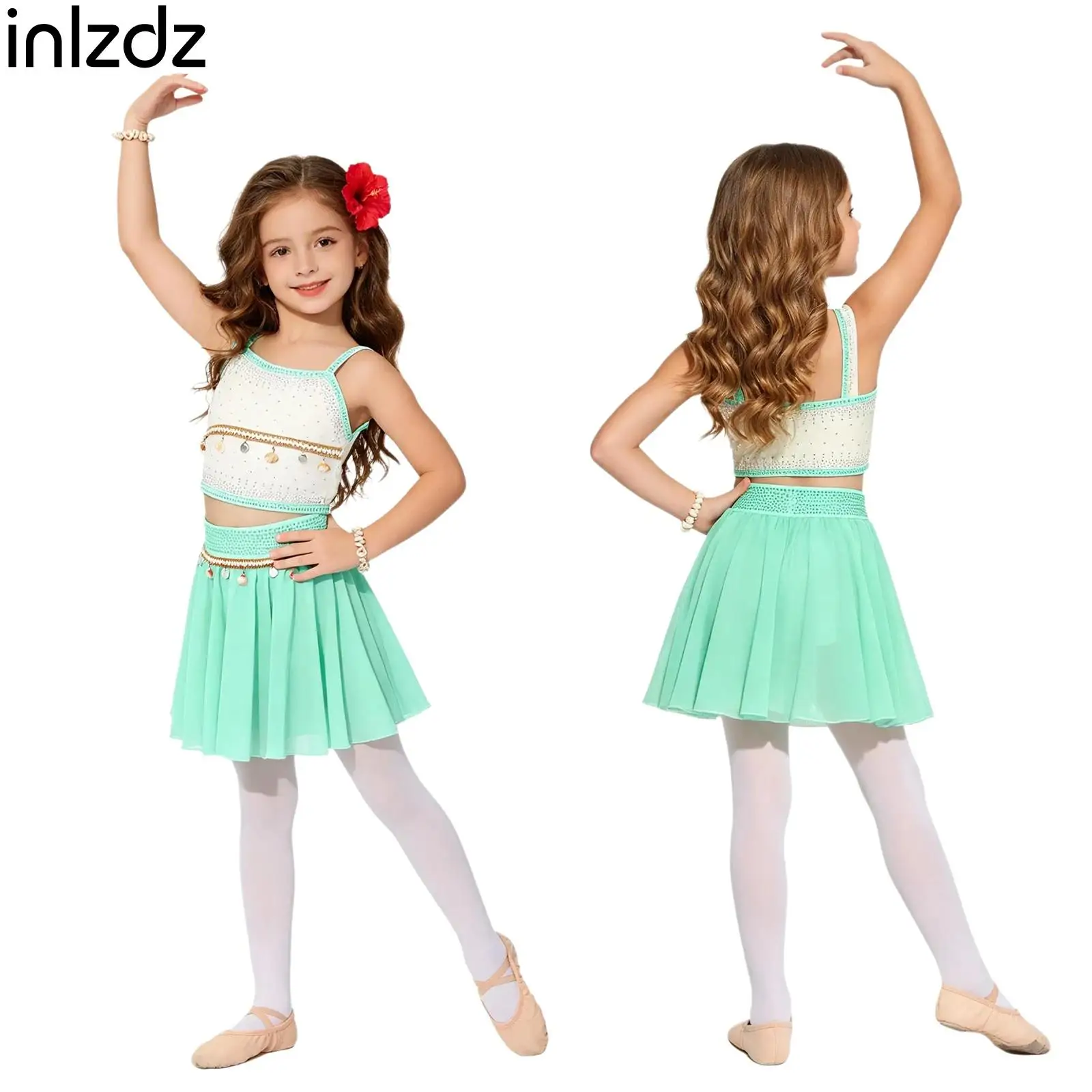 

Sequin Shell Tassel Crop Top and Chiffon Skirt for Girls Asymmetrical Spaghetti Straps Rhinestone Shiny Princess Dress Up Outfit