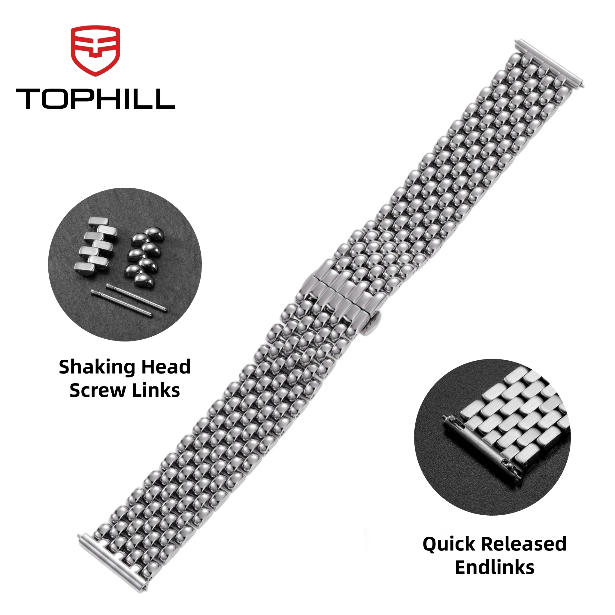 TOPHILL Beads Of Rice Bracelet For Watch Lug Width 20mm Straight Quick Release Ends Shaking Head Screw Links Steel Watchband