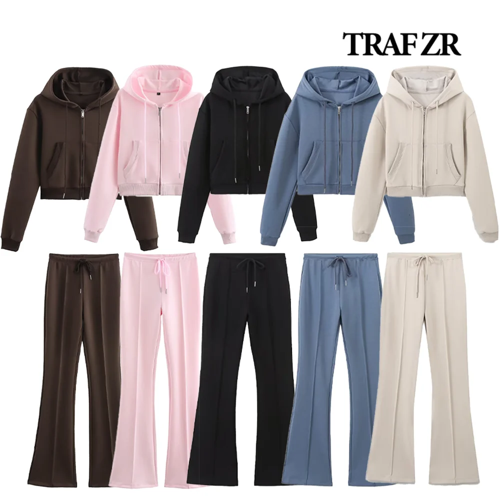 TRAF ZR-Conjunto de sudaderas con capucha de 2 piezas para mujer, pantalones acampanados informales, sudadera recortada entrelazada, pantalones con costura frontal de felpa, otoño 2024