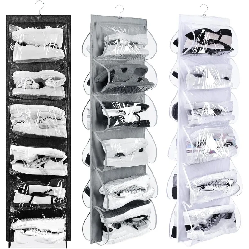

Barydat 3 Pcs Dual Sided Hanging Shoe Organizer 12 Clear Pockets Mesh Hanging Shoe Rack Holder with Rotating Hanger for Closet S