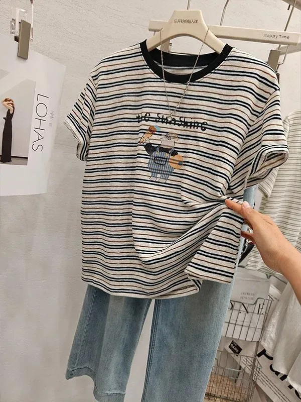 

plus Size 300 Pounds Korean Style Striped Short Sleeve T-Shirt Women Summer Loose Casual Cartoon Print Anti-aging Top