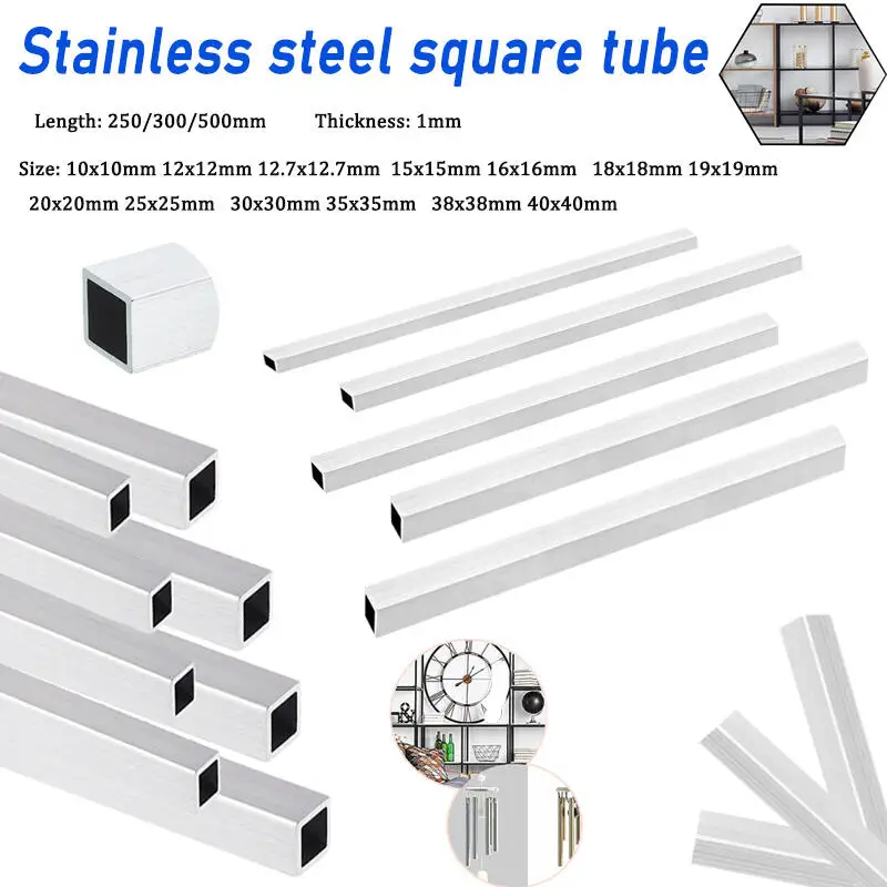 1PCS 304 Stainles Steel Square Tube 10-40mm 1mm Thick 250/300/500mm Length, Corrosion Resistant Polished Structural Metal Pipe