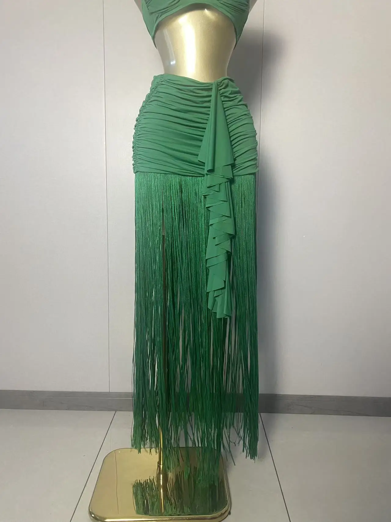 2025 New Women Sexy Strapless Tops Green Tassel Two Pieces Skirt Set Elegant Evening Club Party Outfits