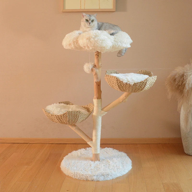 Cat Climbing Tree Natual Wooden Floor to Ceiling Cat Tree Cute Design Wood Scratching Tower Wood Cat Climbing Frame