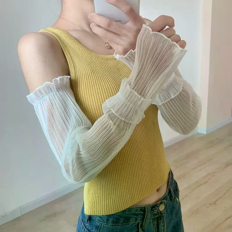 Women's Summer UV Protection Arm Sleeves - Fingerless Lace Mesh Sun Sleeves Breathable Thin Arm Covers
