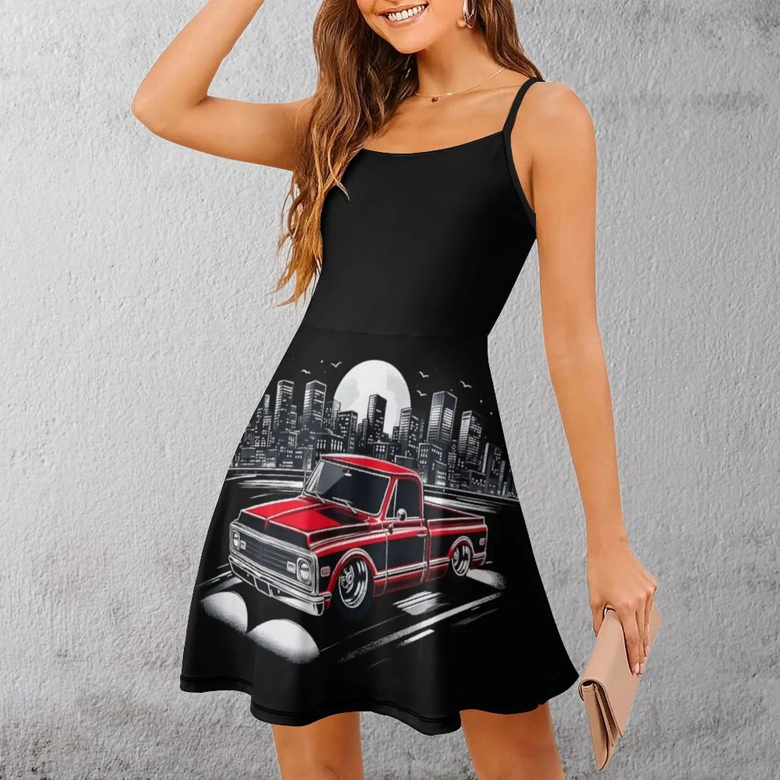 

Ретро Пикап городской пейзаж ночь женское платье на бретельках милое сексуальное женское платье графические платья для вечеринок