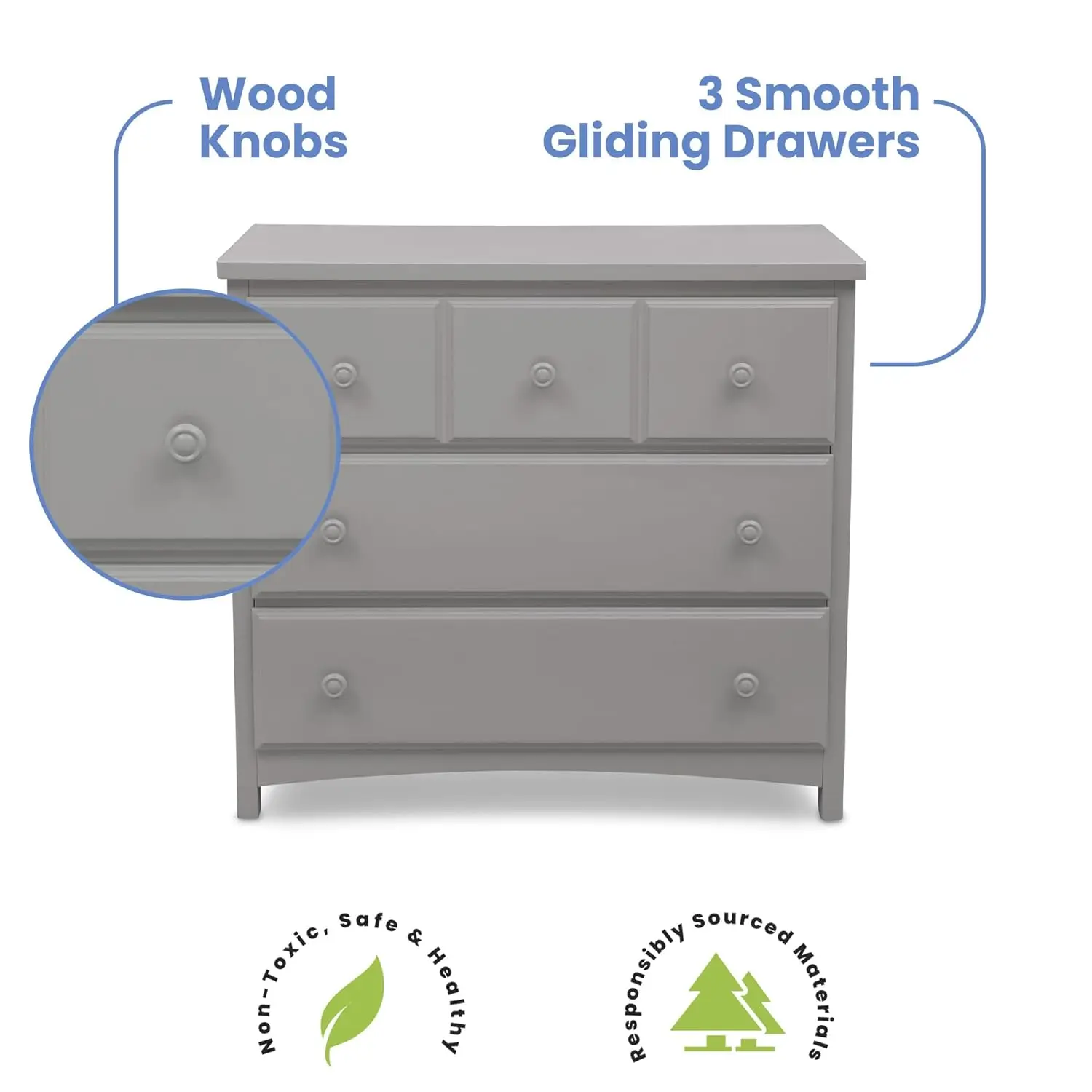 Children 3 Drawer Dresser with Interlocking Drawers, Grey