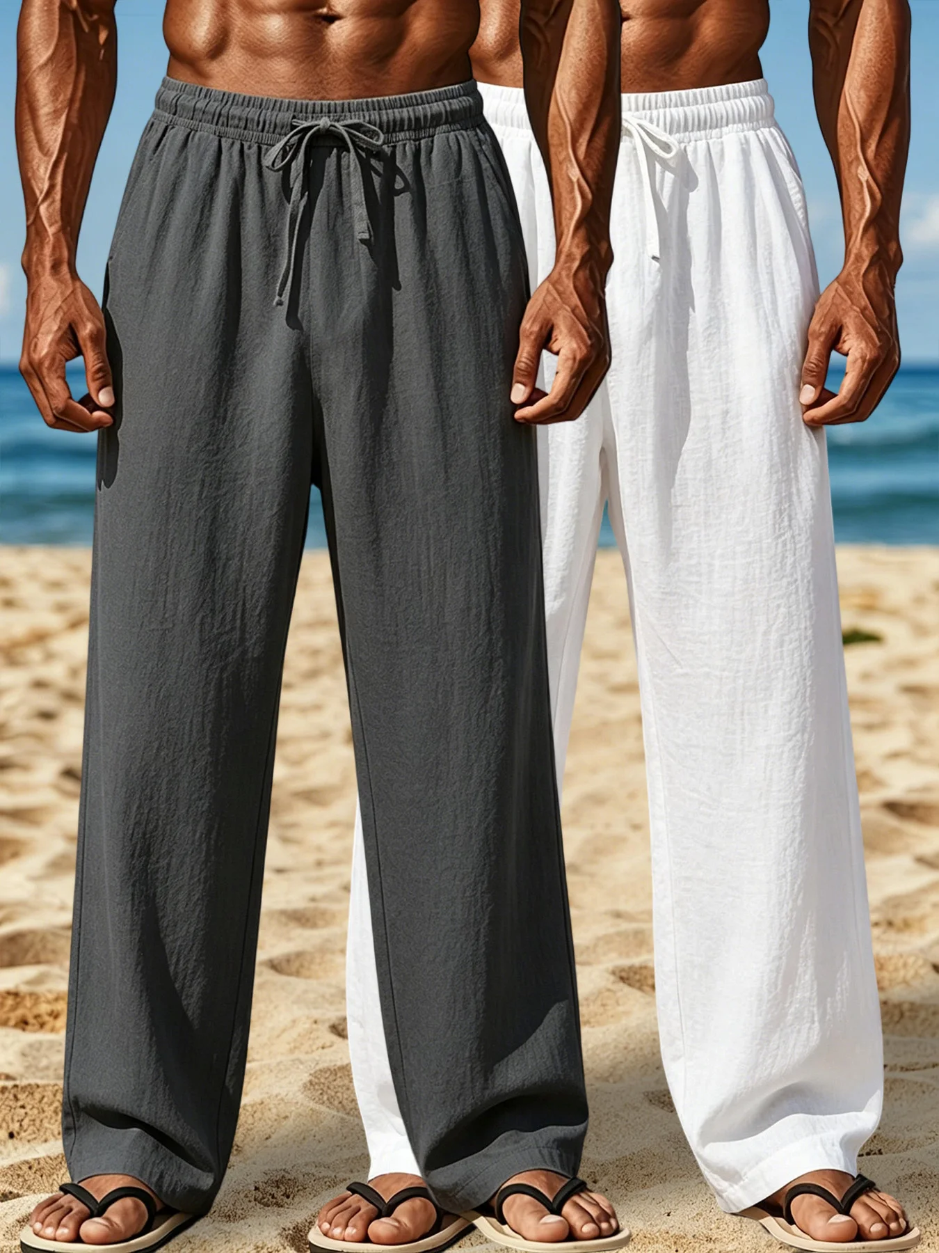 2 Pack Essential Men Crinkle Textured Straight Pants Elastic Drawstring Waist Side Storage Pockets Breathable Linen-Look Trouser