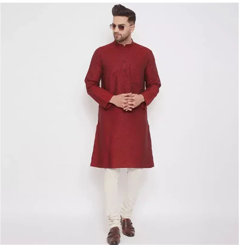 Indo Pakistani style pure cotton long sleeved casual ethnic style men's thin men's top with dark embroidery in jujube red color