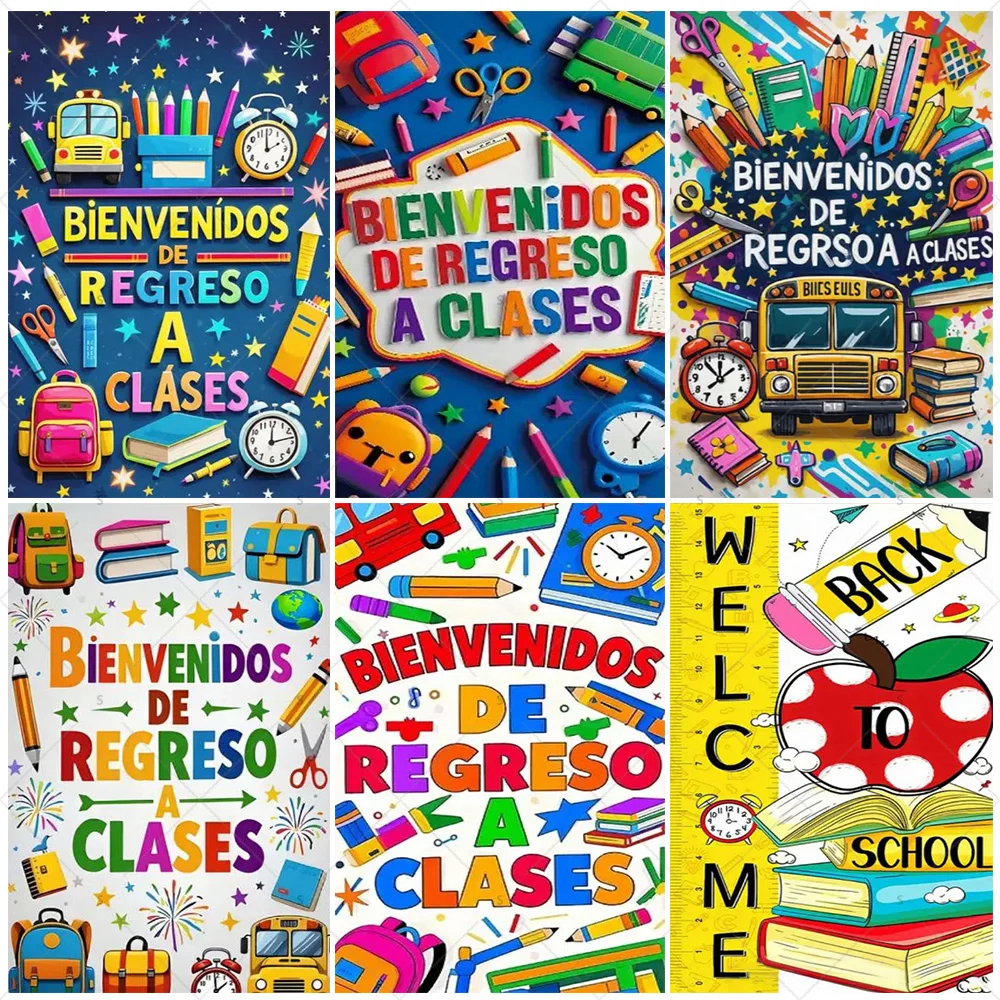 

Back to School Backdrop Supplies Schoolbag Pencil Clock Background Decoration For The Start Of School Season Photograph Prop