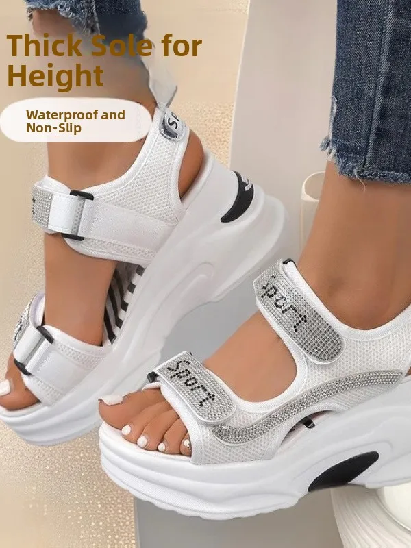

Elevated Sporty Beach Sandals with Magic Tape Thick Heel Flip Flops Open Toe mid Heel Chinese Made Footwears for Women
