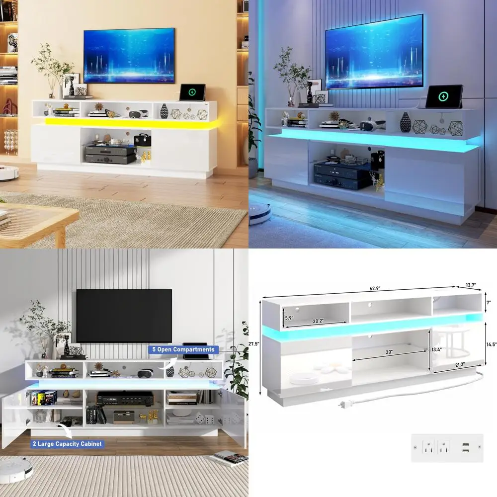 Contemporary Tall Entertainment Center for 75 Inch LED TVs, Modern High Gloss Media Console with Power Outlets, Gaming TV Stand