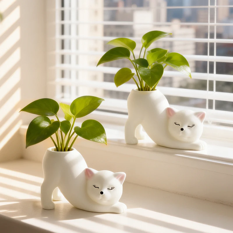 Whimsical Curly Posture Cat Resin Planter Lovely Kitty Container for Cacti Trailing Plants Household Desktop Home Decor