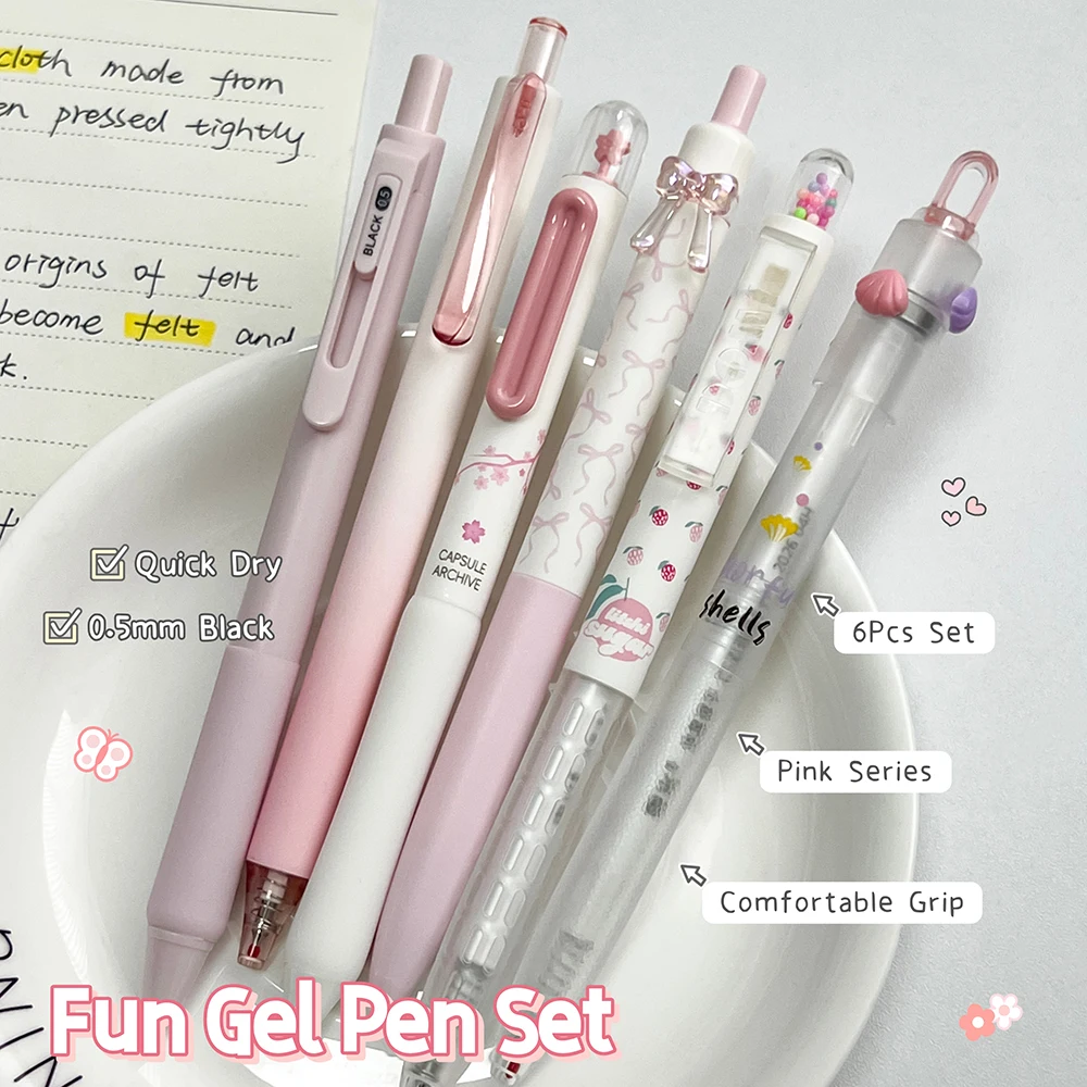 6 Pcs/Set Fun Pink Series Gel Pen 0.5mm Creative Black Quick Dry Pen Bow Flowers Candy Ocean Style Writing Pens