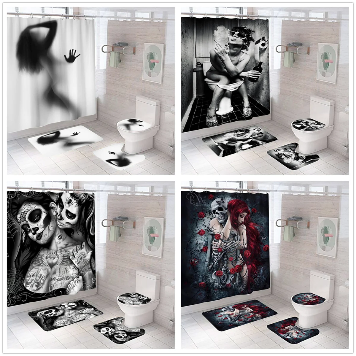 

Black And White Shower Curtain Gothic Love Polyester Fabric Halloween Waterproof Bathroom Curtain Smoking Sexy Woman Home Decor