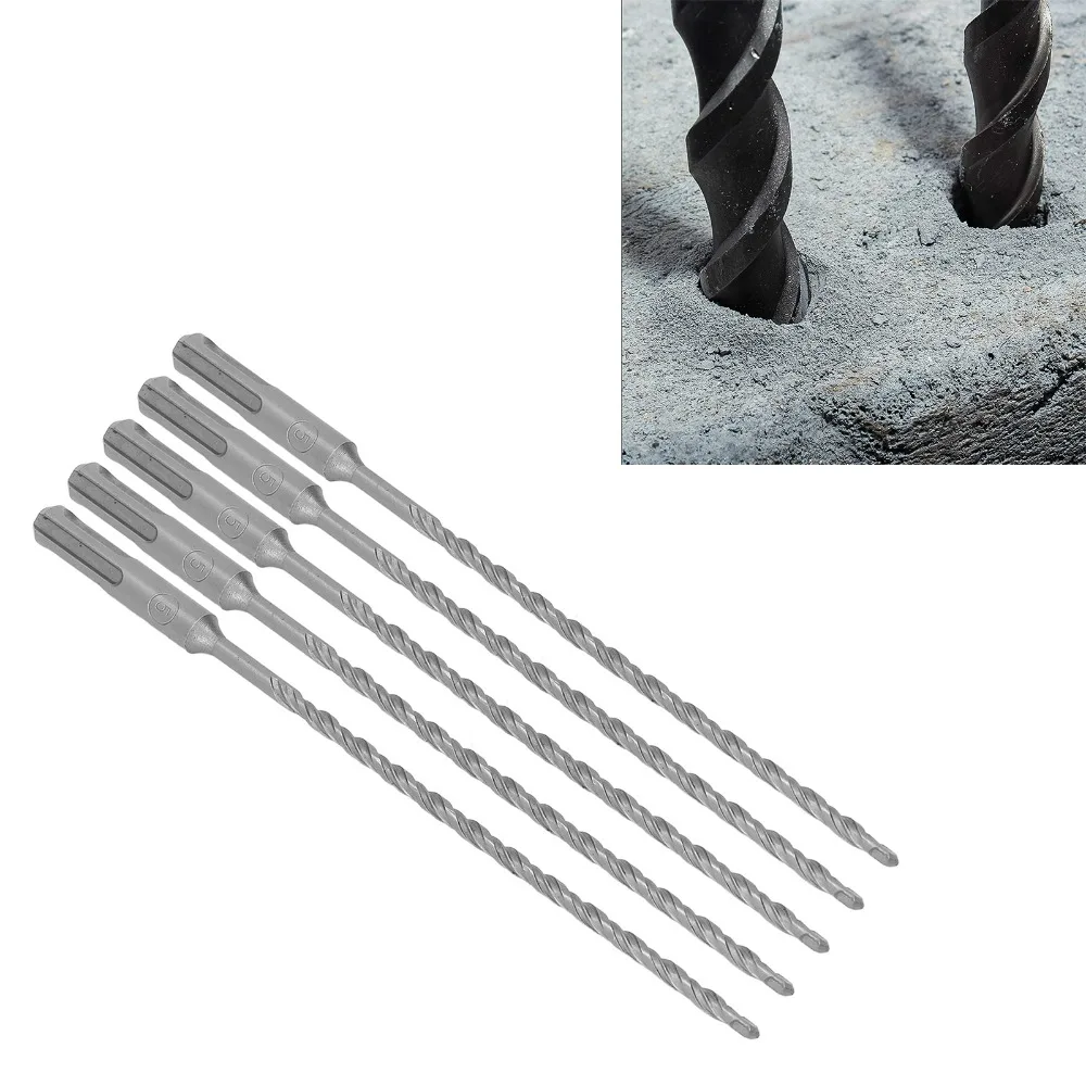 5pcs Carbide Tip Impact Drill Bits Cross-Type Double Thread 210mm Length Concrete Drill Bit Kit Double Flute Spiral