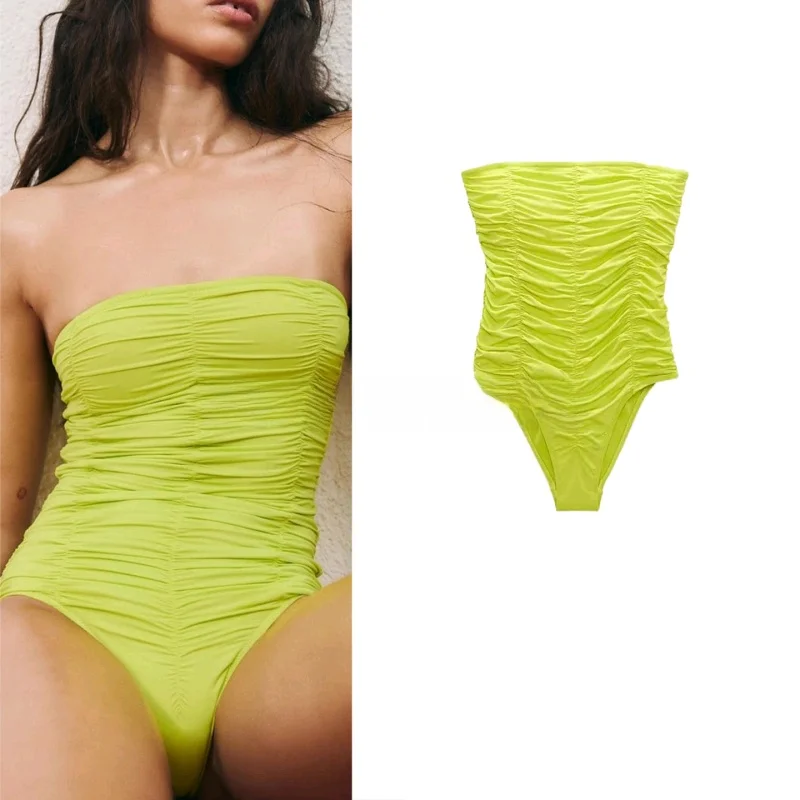 

Sexy Street Sle Swimsuit Strapl Folded Design High Waist ort Pants Polyester Fiber New Summer Collection