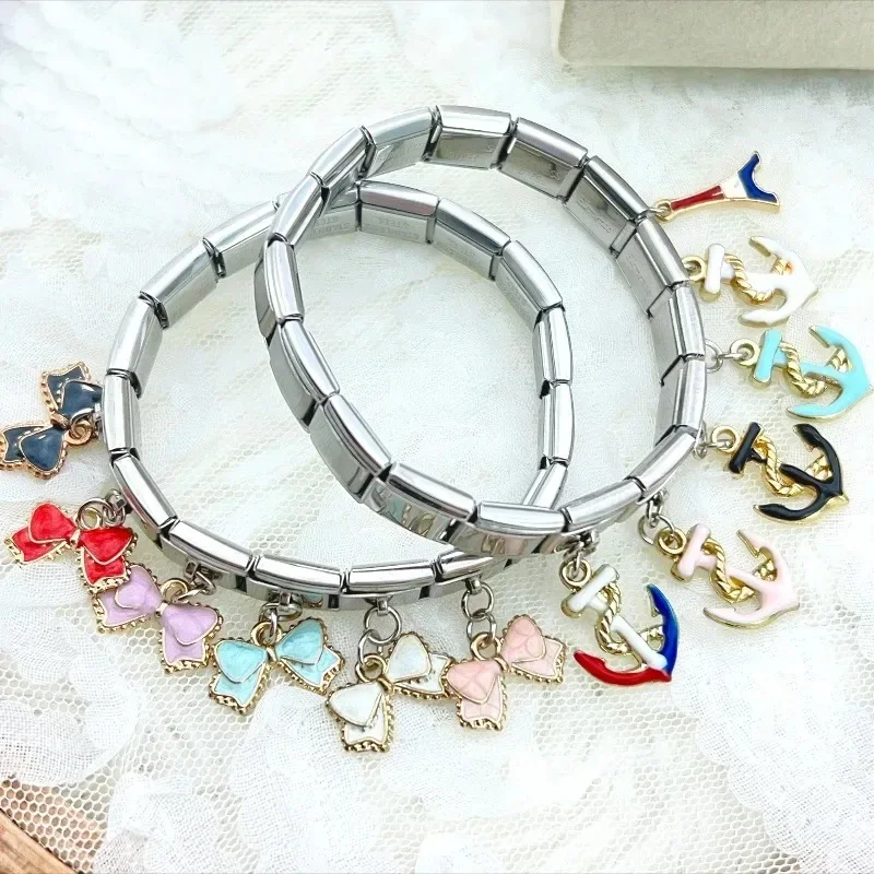 2024 Popular Bow Anchor Pendant Elastic Charm Italian Links Fit 9mm Modular Bracelet Making DIY Jewelry bulk image 4