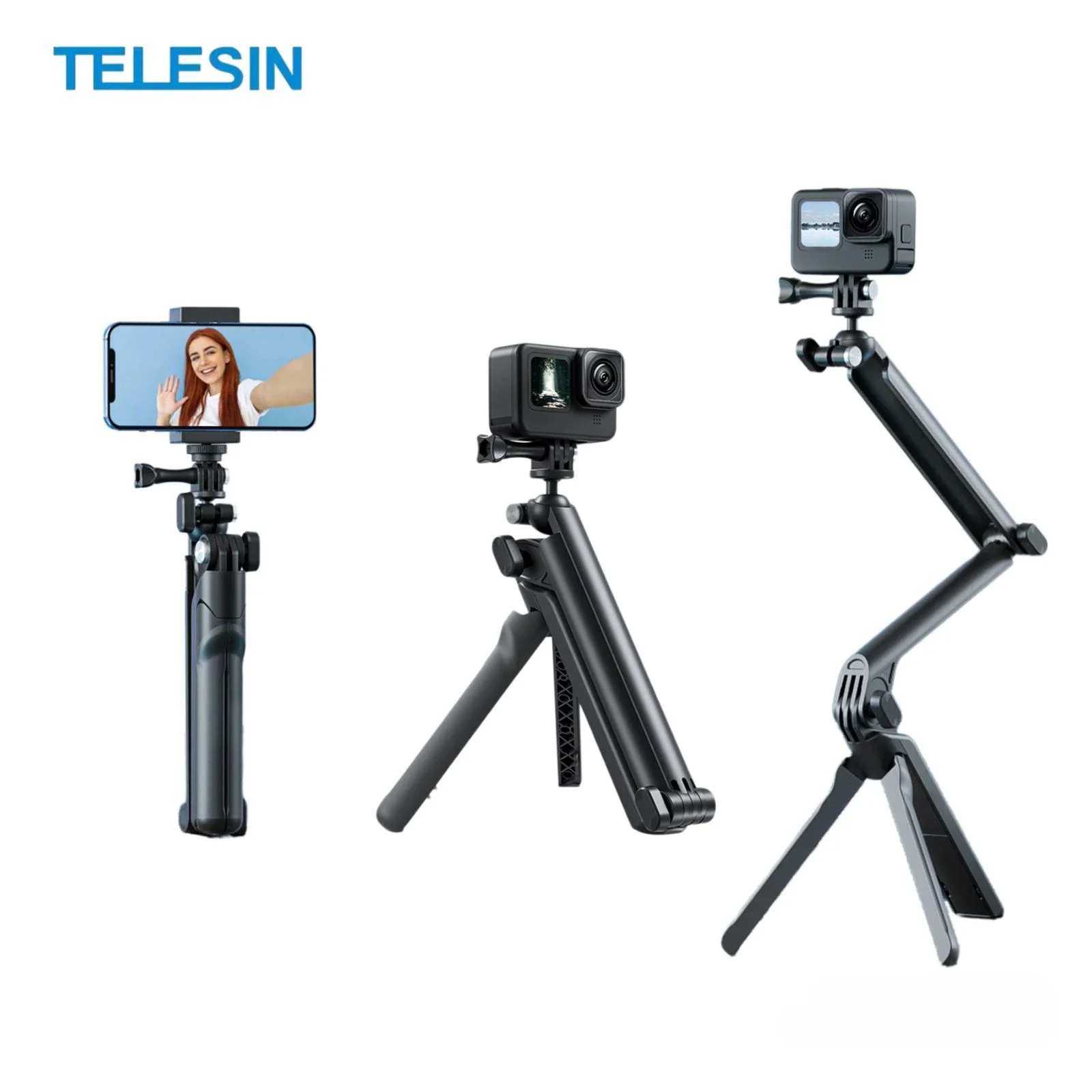 TELESIN Multi Selfie Stick Tripod for Gopro Hero 13 12 11 10 9 DJI OSMO Action 5 4 3 Insta360 Phone Action Camera Accessories