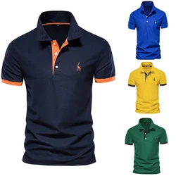 Camisas polo bordadas para homens, 35% algodão, casual, cor sólida, slim fit, roupas polo masculinas, moda verão, nova