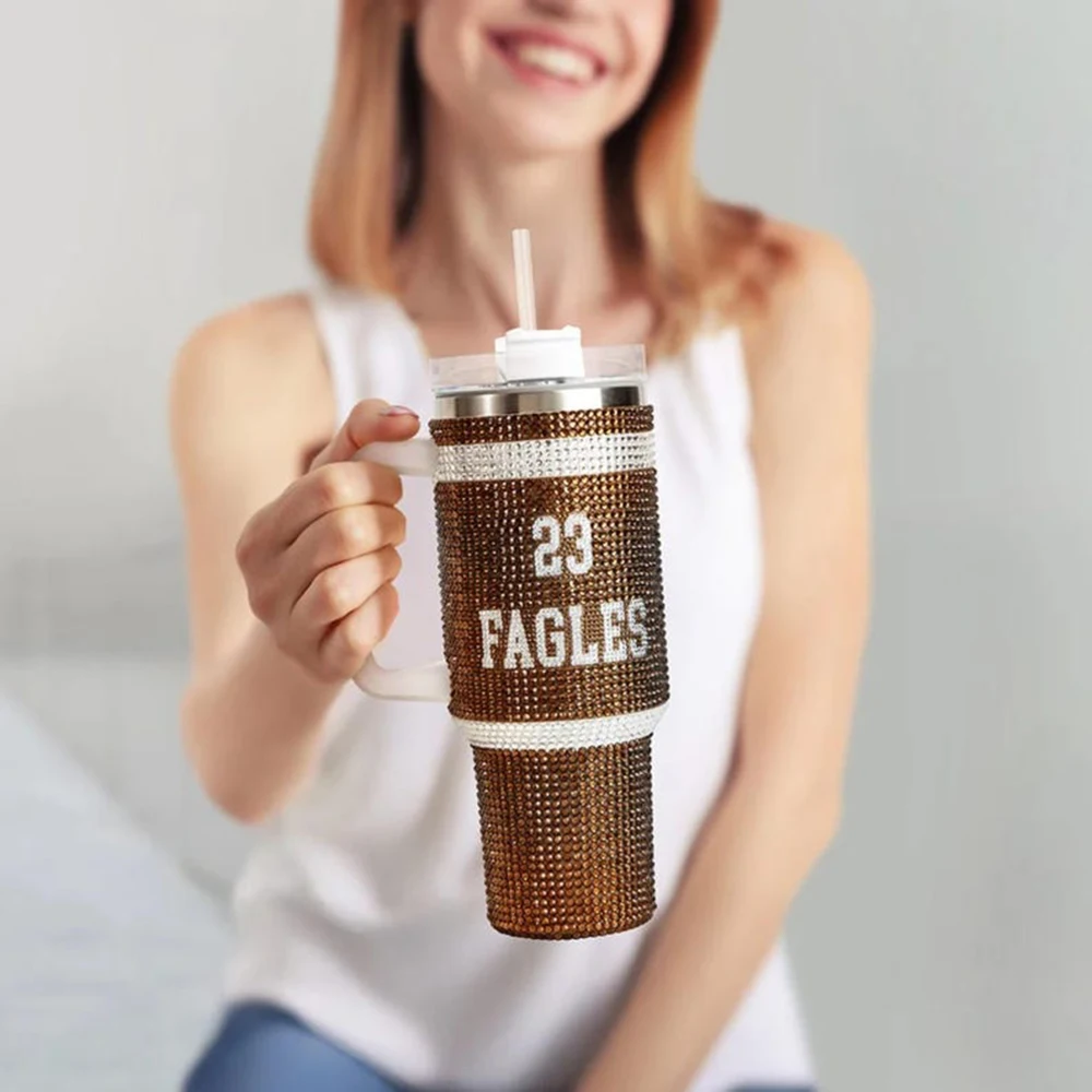 Vaso de pelota deportiva con número de nombre personalizado, taza brillante de 40oz con asa y pajita, regalo para fanáticos y jugadores de los deportes del día del juego