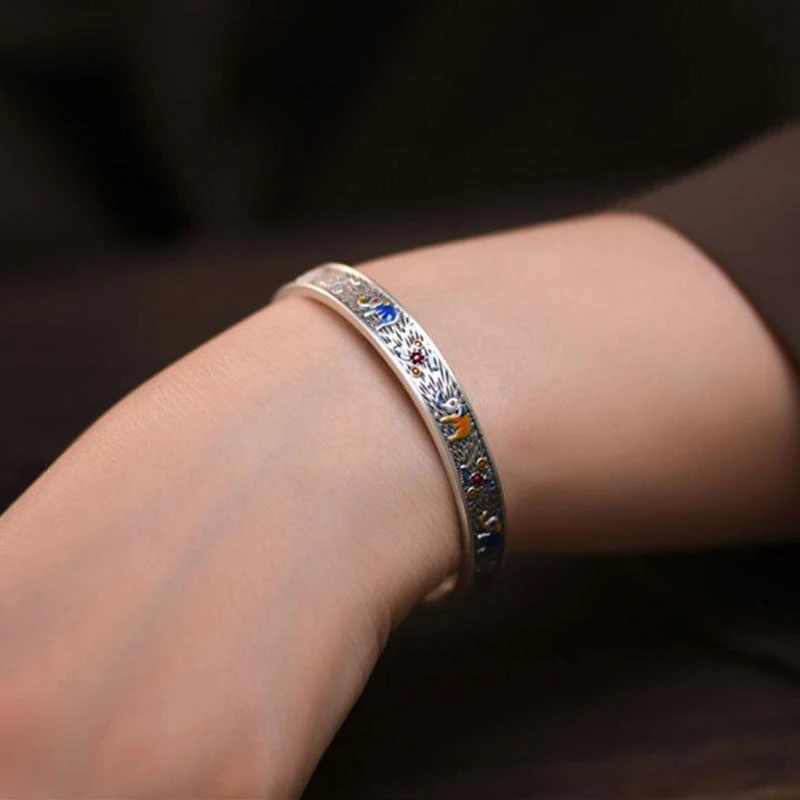 Exquisite Open-End Silver Bracelet Jewelry Auspicious Elephant Picture Men Women Lovers Twist Armband Cuff Trend Retro Gift