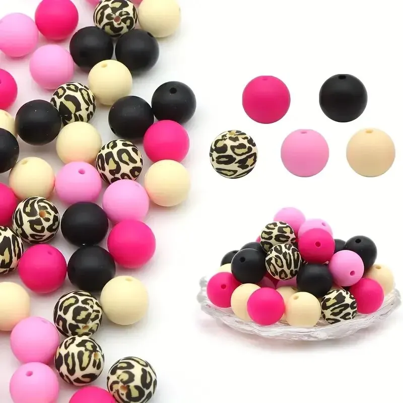 45pcs 15mm Leopard Print Silicone Beads Circular Loose Beads For Jewelry Making DIY Anti Drop Key Bag Chain Bracelet Handmade