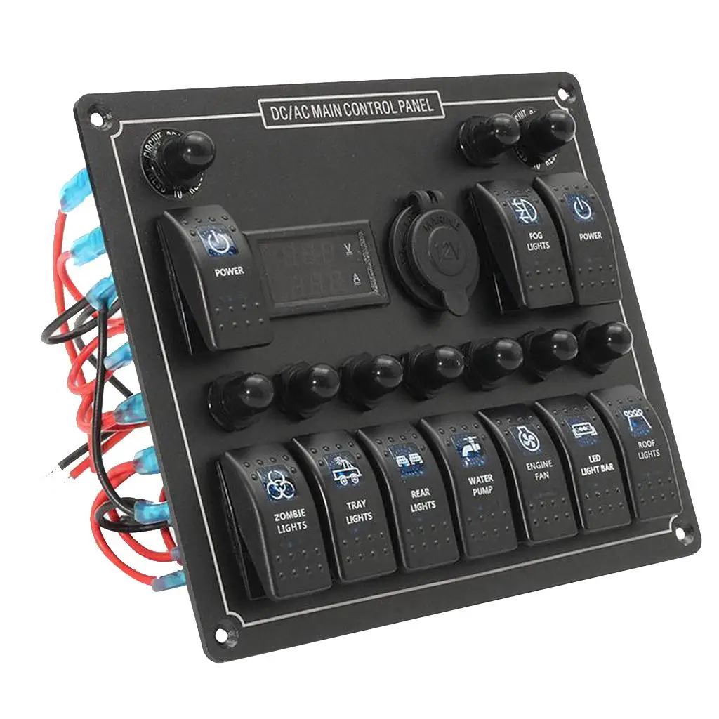 Flameresistant 10 Gang Marine Rocker Switch Panel Current Voltage Meter