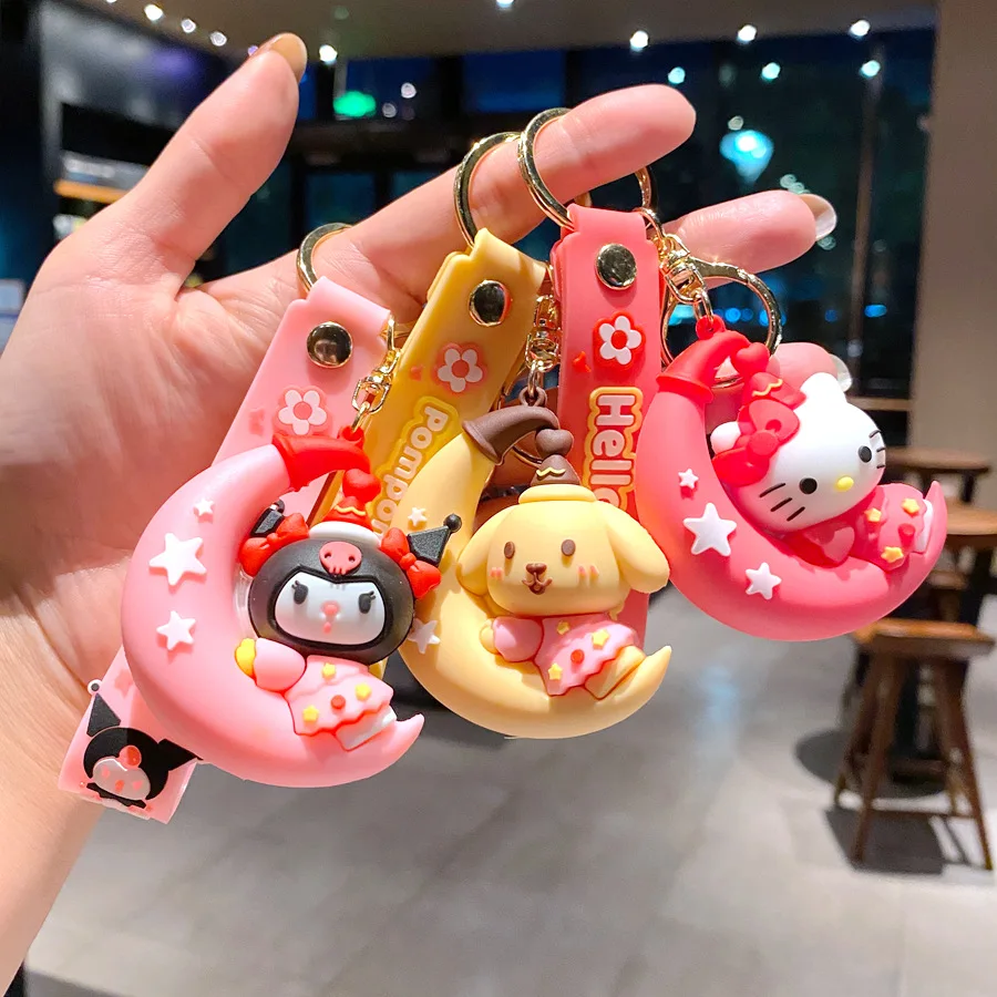 MINISO Sanrio Hello Kitty Kuromi Moon Doll Keychain Anime My Melody Cinnamoroll Keyring Cute Pompom Purin Keychains Kid  Gifts