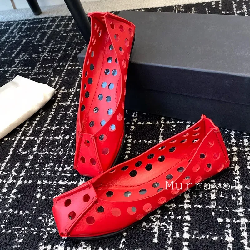 Solid Color Flat Bottom Ballet Shoes Women Genuine Leather Hollow Out Design Mary Jane Shoes  Spring Summer Sweet Single Shoes