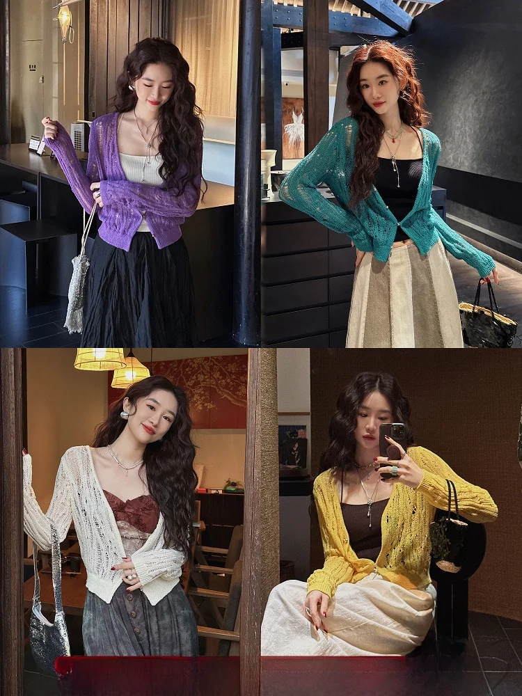 

Sanji Bla Flower Hollow out Knitted Cardigan Outerwear Trendy Top Svel een Fiber Spring 2025 New Unique Sle