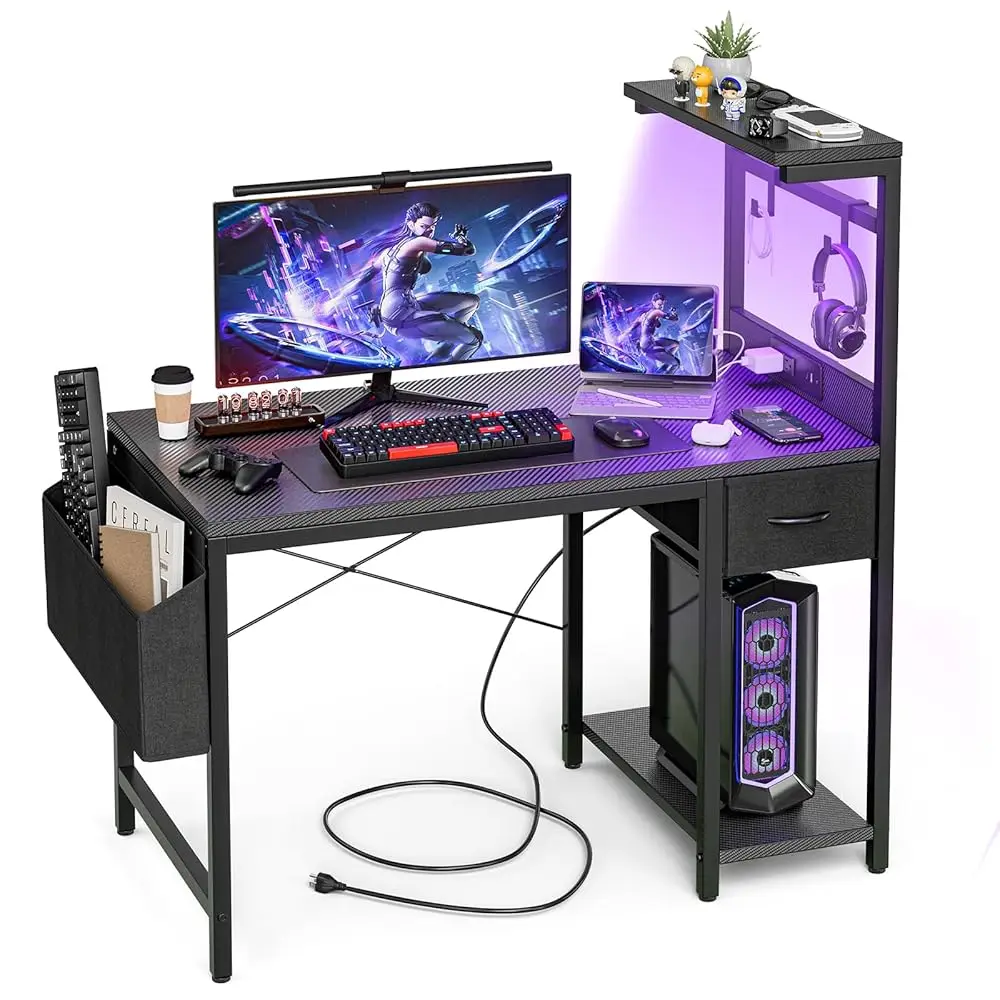 

Игровой стол 40 ч с розеткой и светодиодной подсветкой, компьютерный стол с двусторонними полками и ящиком для хранения, небольшой письменный стол для ПК