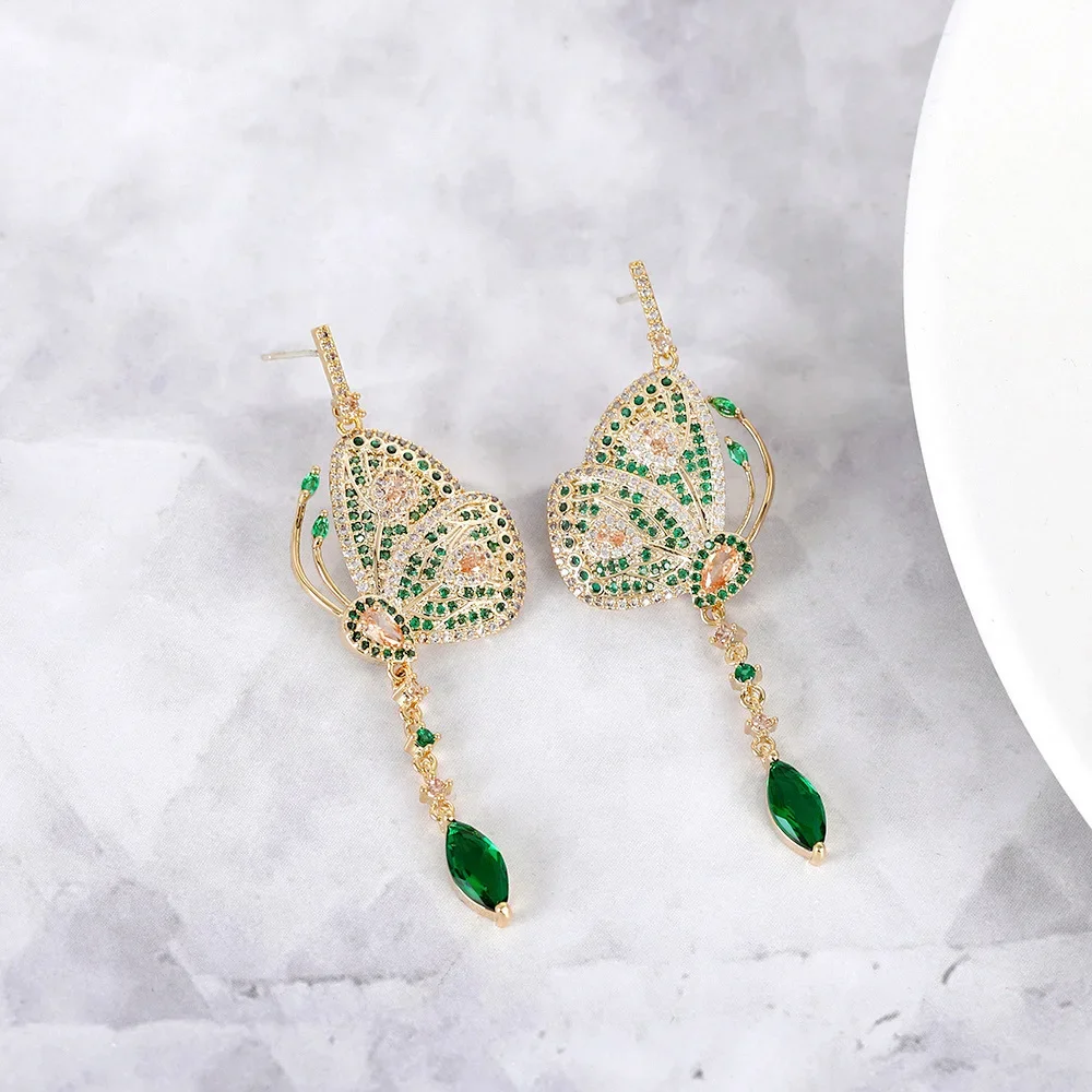 Green Zircon Butterfly Shape Fringed Odette Earrings Luxury High-End Feel Supernatural Sweet Socialite Style Ear Jewelry