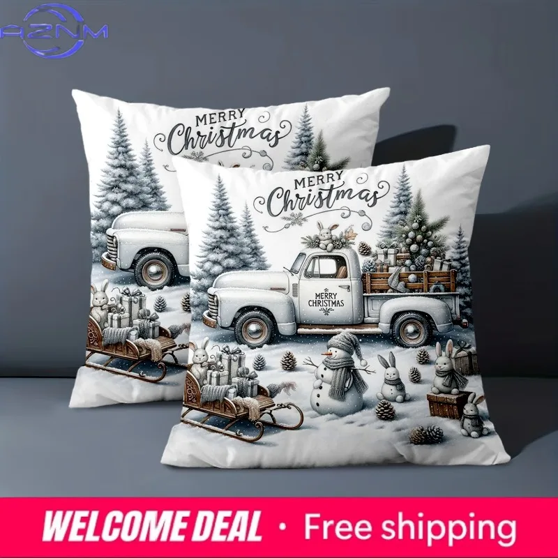 1 Pieces Christmas Snow Truck Rabbit Sled Pillow Covers Polyester pillowcase, sofa decorative cushion cov Headboard Pillow
