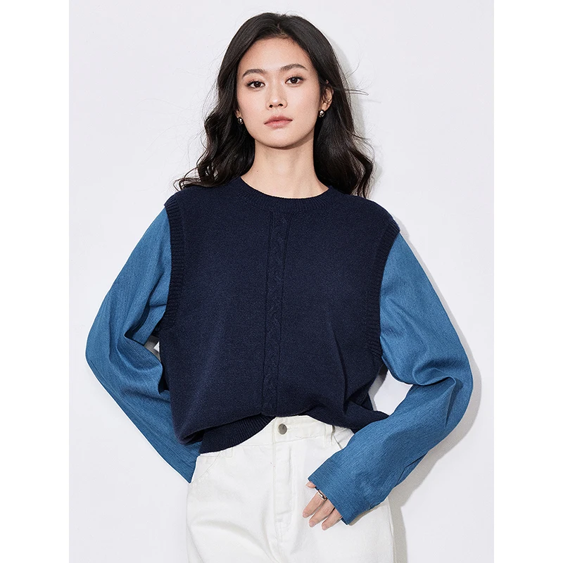 TOYOUTH Women Knitted Sweater 2025 Spring New Contrasting Color Cowboy Splicing Fake Two piece Round Neck Pullover Blouse Tops