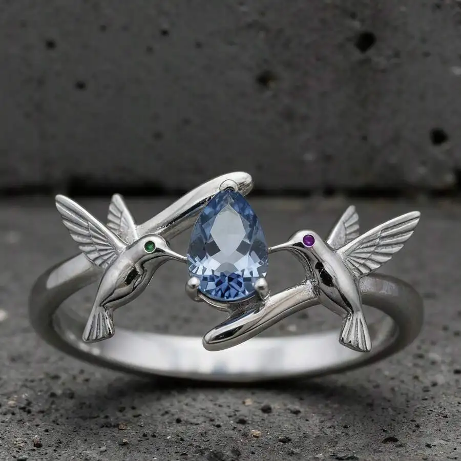 Silver Tone Bird Wrap Adjustable Open Ring with Teardrop Blue Rhinestone Nature Inspired Jewelry for Women Girls Daily Casual