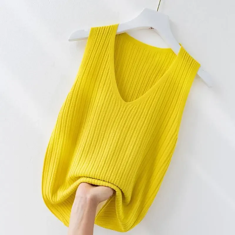 Summer New Female All-match Bottoming Knitted Top Korean Fashion Tees Women Clothing V-neck Sleeveless Pullover Casual Vest