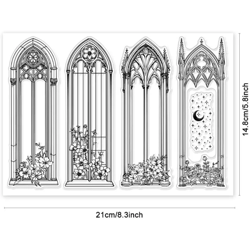 1Sheet Vintage Gothic Windows Clear Stamps Flower Bookmark Clear Stamps Sparkle Moon Silicone Stamps for DIY Scrapbooking Photo